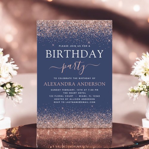 Navy Blue Any Age Birthday Rose Gold Pink Glitter Invitation