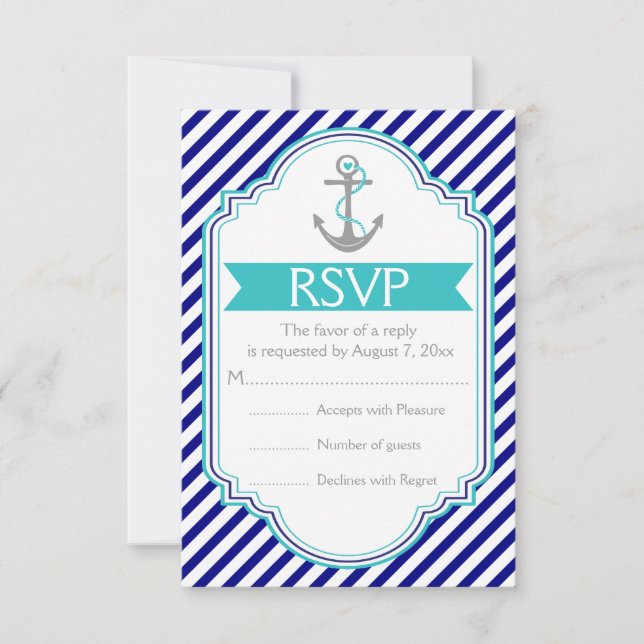 Navy blue, aqua anchor nautical wedding RSVP (Front)