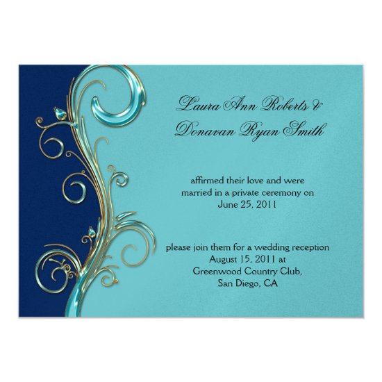 Navy Blue Aqua Gold Ornate Post Wedding Invitation