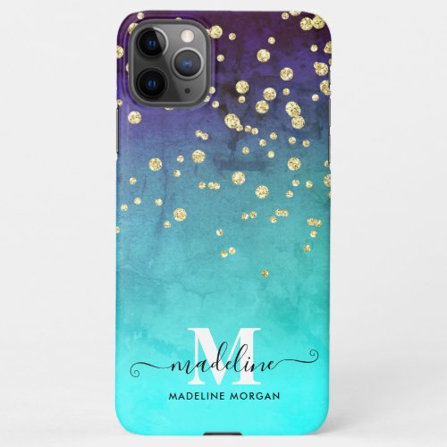 Navy blue aqua gold sparkle glitter monogram  iPhone 11Pro max case