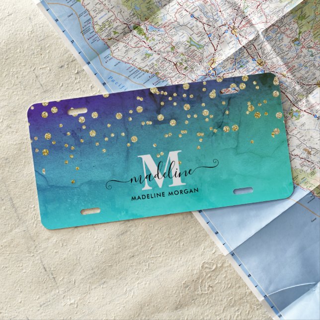 Navy blue aqua gold sparkle glitter monogram license plate (In Situ)