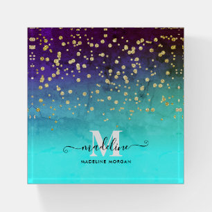 Navy blue aqua gold sparkle glitter monogram paperweight