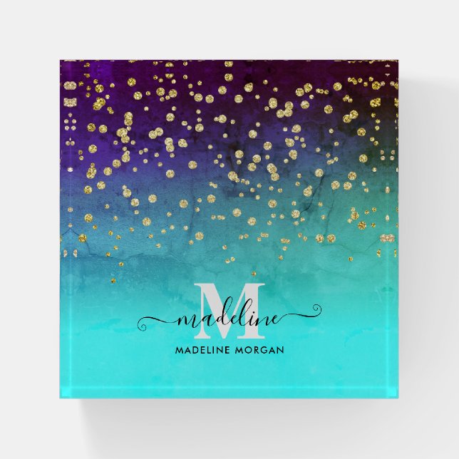 Navy blue aqua gold sparkle glitter monogram paperweight (Front)