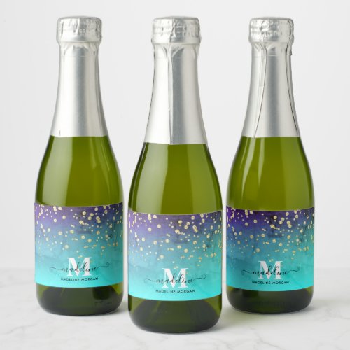 Navy blue aqua gold sparkle glitter monogram  sparkling wine label