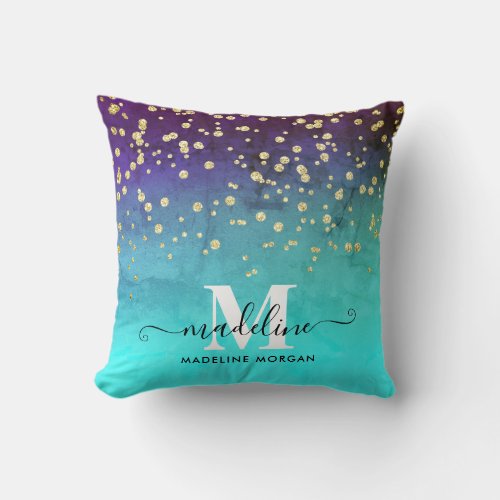 Navy blue aqua gold sparkle glitter monogram throw pillow