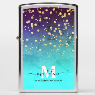 Navy blue aqua gold sparkle glitter monogram zippo lighter
