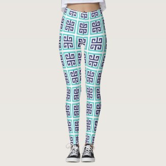 Navy Blue Aqua Greek Pattern Leggings