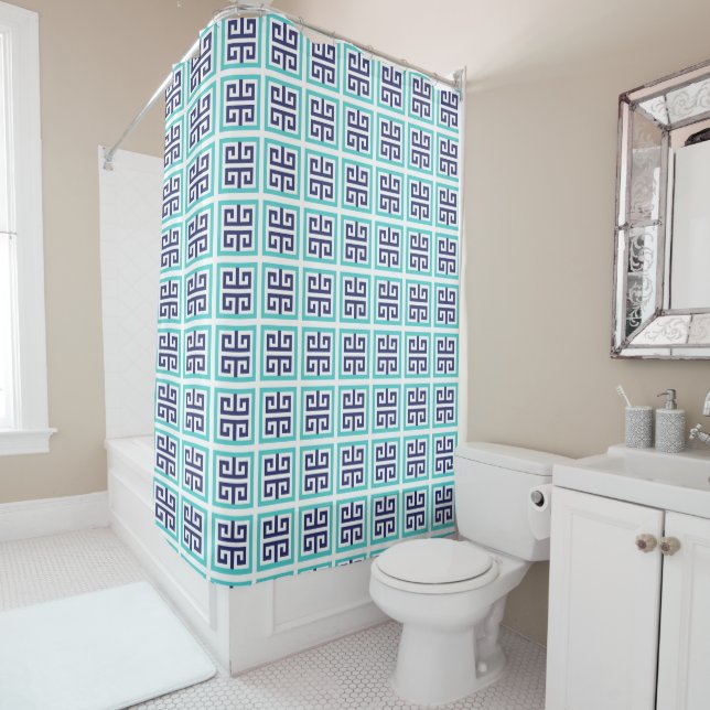 Navy Blue Aqua Greek Pattern Shower Curtain (In Situ)