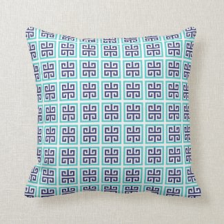 Navy Blue Aqua Greek Pattern Throw Pillow