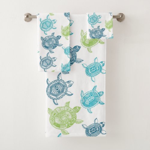 Navy Blue Aqua Lime Green Sea Turtles Pattern Bath Towel Set