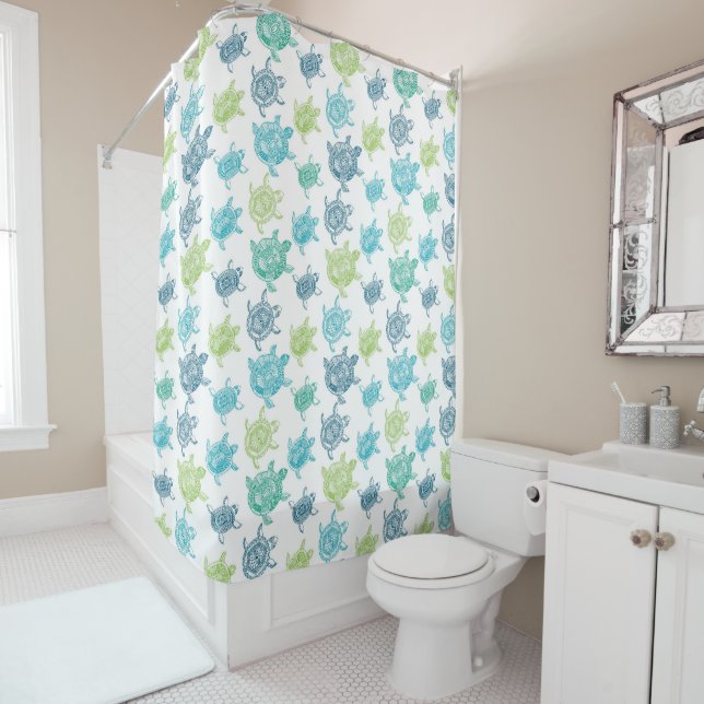 Navy Blue Aqua Lime Green Sea Turtles Pattern Shower Curtain (In Situ)