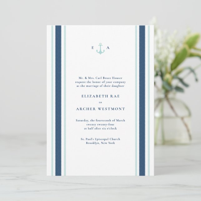Navy Blue Aqua Nautical Stripes Coastal Wedding Invitation (Standing Front)