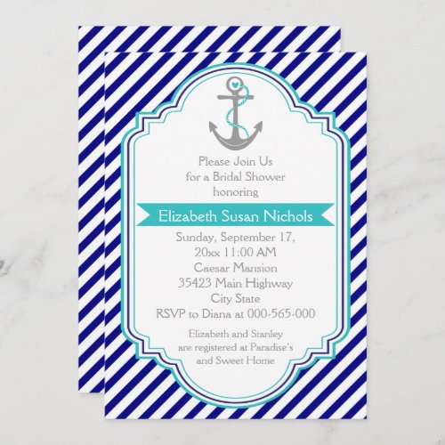 Navy blue aqua nautical wedding bridal shower invitation