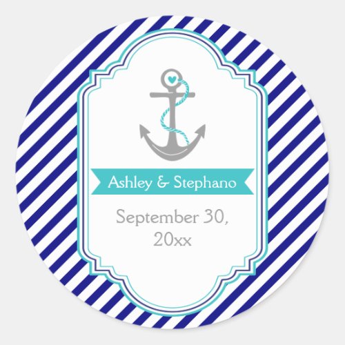Navy blue aqua nautical wedding Save the Date Classic Round Sticker