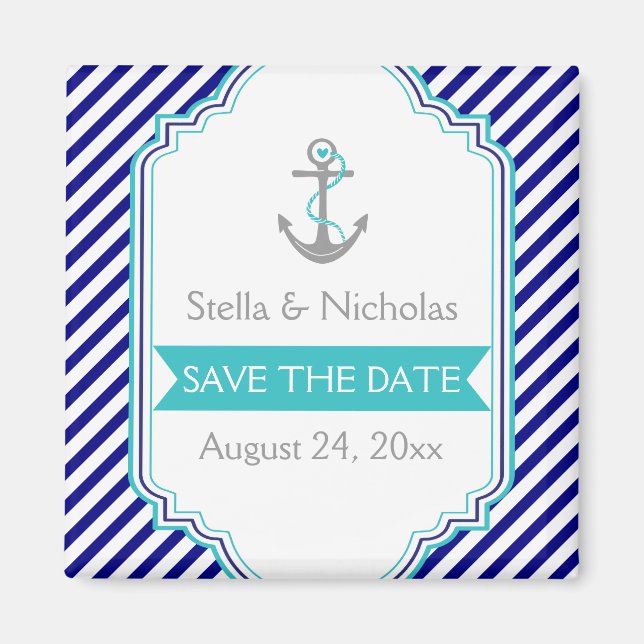 Navy blue, aqua nautical wedding Save the Date Magnet (Front)