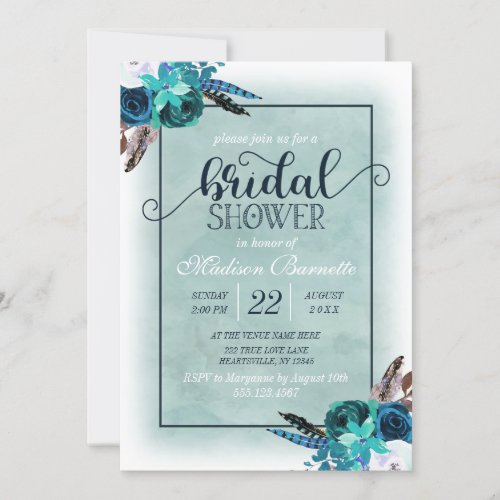 Navy Blue Aqua Watercolor Bridal Shower Invitation