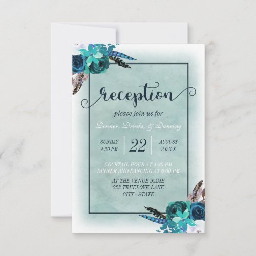 Navy Blue Aqua Watercolor Floral Wedding Reception Invitation