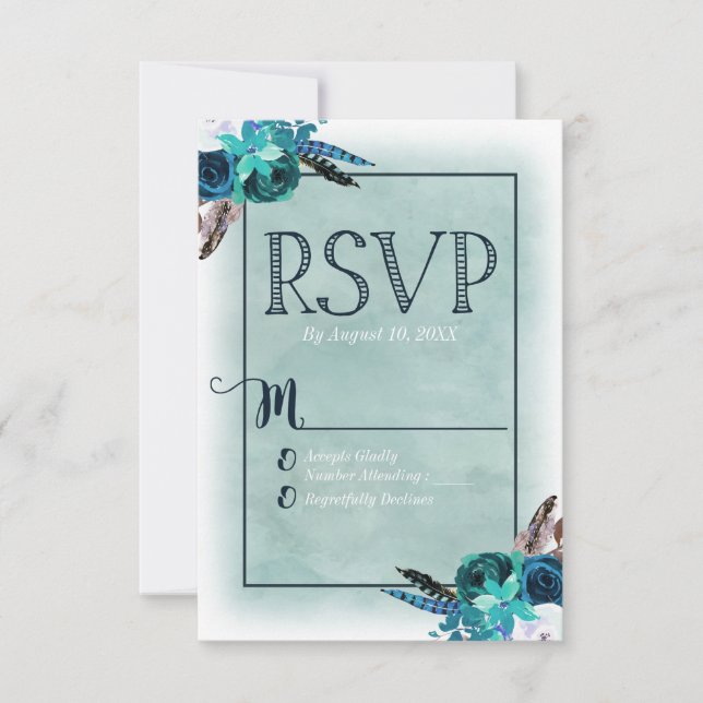 Navy Blue & Aqua Watercolor Floral Wedding RSVP Card (Front)