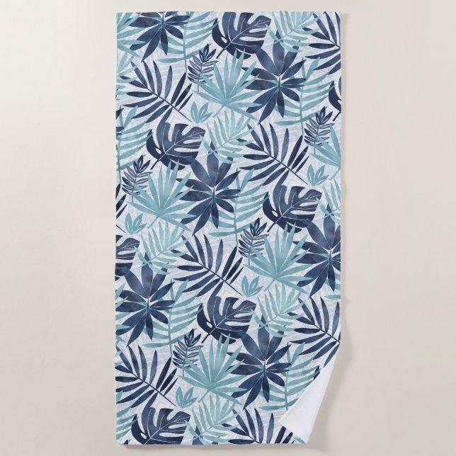 Navy Blue Aqua & White Palm Leaf Beach Towel (Front)