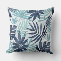 Navy Blue Aqua & White Palm Leaf Throw Pillow