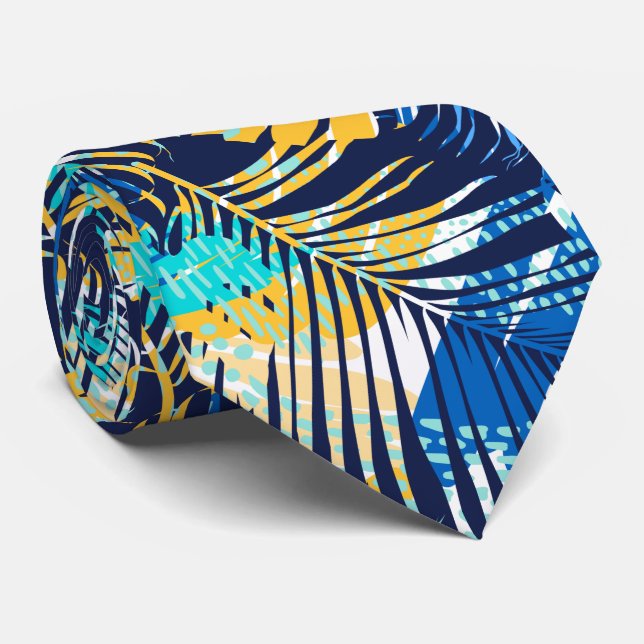 Navy Blue Aqua Yellow White Tropical Plants Neck Tie (Rolled)