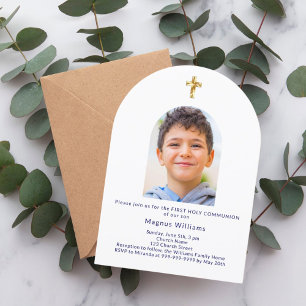Navy blue arch photo boy First Holy Communion Invitation