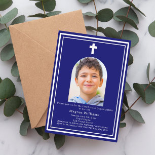 Navy blue arch photo boy First Holy Communion Invitation