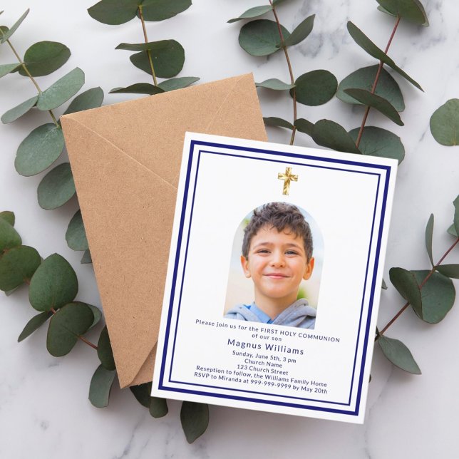 Navy blue arch photo First Communion invitation (Creator Uploaded)