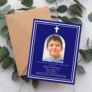 Navy blue arch photo First Communion invitation