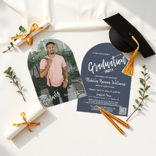 Navy Blue Arch Photo Graduation Party QR Code Invitation