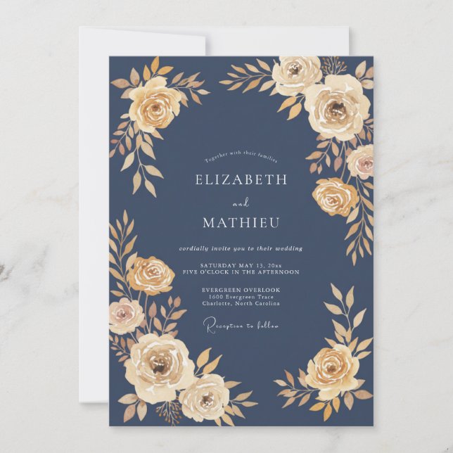 Navy Blue Aristocratic Evening Wedding Invitation (Front)