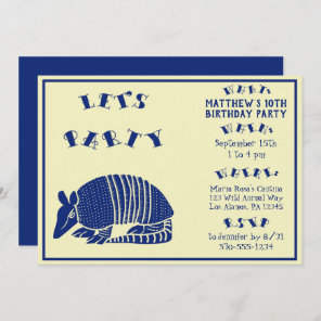 Navy Blue Armadillo Personalized Birthday Party Invitation