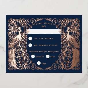 Navy Blue Art Deco Peacocks Rose Gold Rsvp Card
