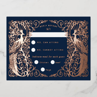 Navy Blue Art Deco Peacocks Rose Gold Rsvp Card