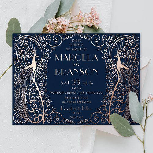 Navy Blue Art Deco Peacocks Wedding Rose Gold Foil Invitation