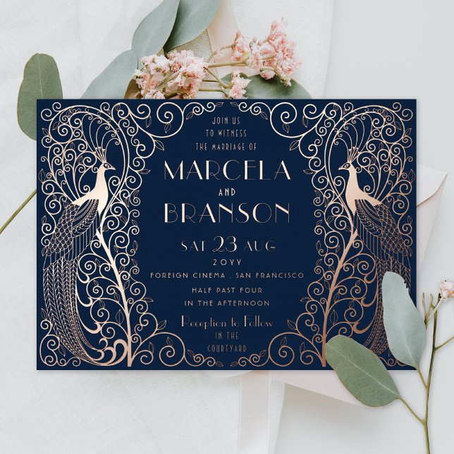 Navy Blue Art Deco Peacocks Wedding Rose Gold Foil Invitation (Creator Uploaded)