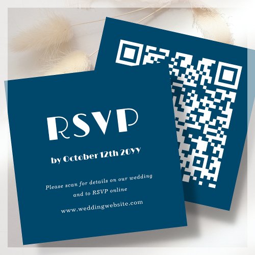 Navy Blue Art Deco  QR Code  Wedding RSVP Enclosure Card