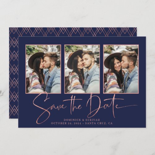 Navy Blue Art Deco Rose Gold Save the Date