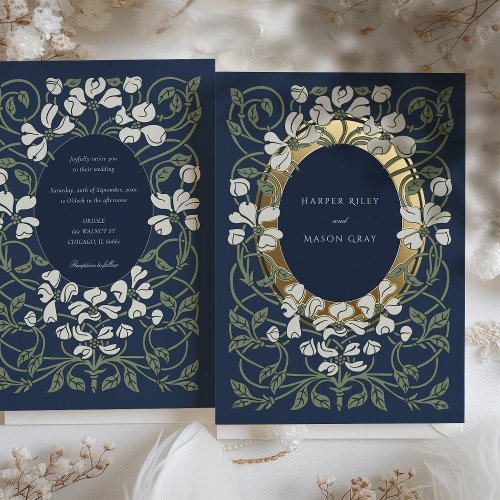 Navy Blue Art Nouveau Inspired Wedding Foil Invitation