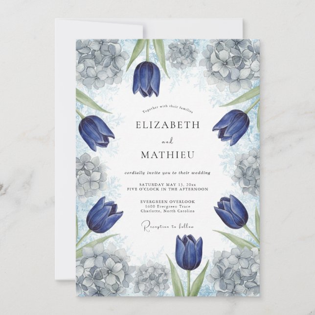 Navy Blue Artistic Spring Wedding Invitation (Front)
