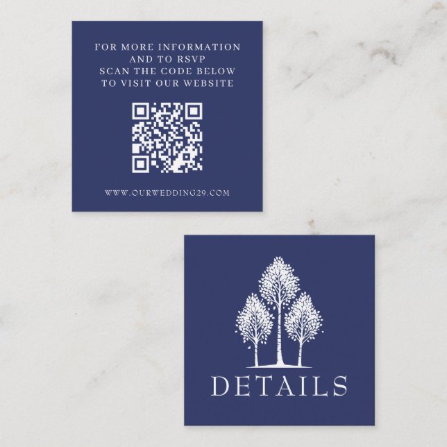 Navy Blue Aspen Tree Wedding QR Enclosure Card (Front/Back)