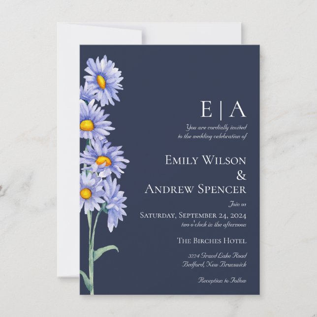 Navy Blue Aster Flowers Wedding Invitation (Front)