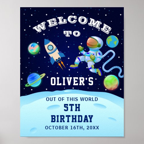 Navy Blue Astronaut Outer Space Birthday Party Poster