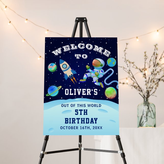 Navy Blue Astronaut Outer Space Birthday Welcome Foam Board (In Situ (Stand))