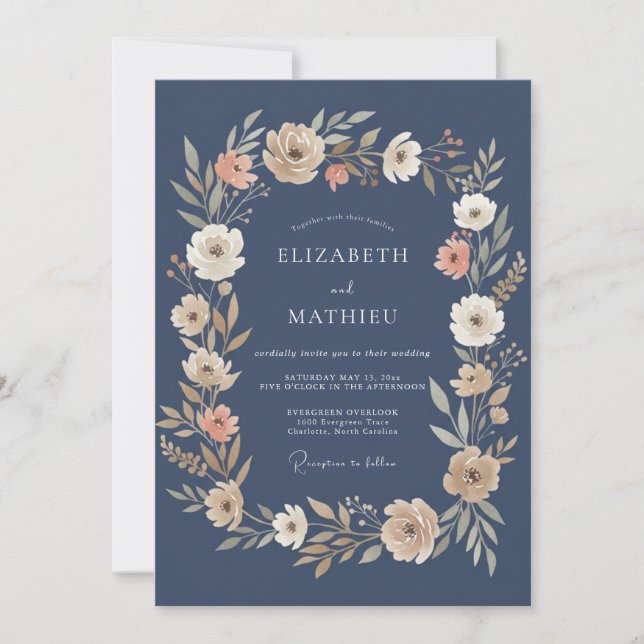 Navy Blue Atmospheric Botanical Wedding Invitation (Front)