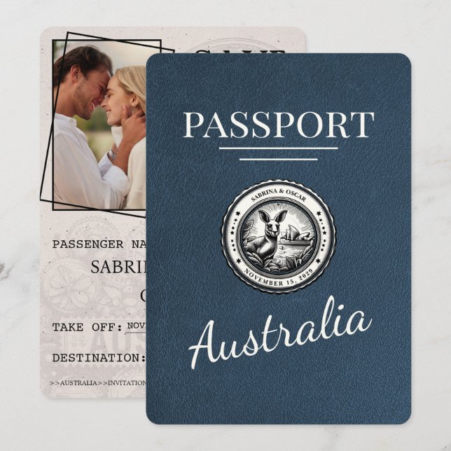 Navy Blue Australia Passport Save The Date (Front/Back)