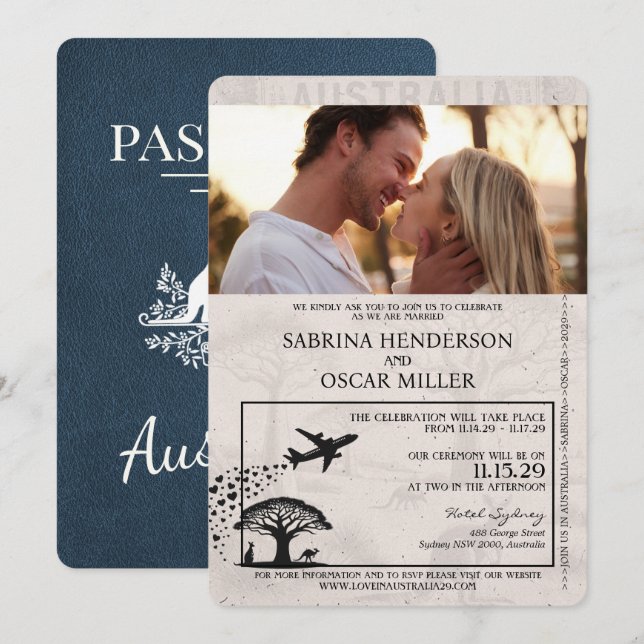 Navy Blue Australia Passport Wedding Invitation (Front/Back)