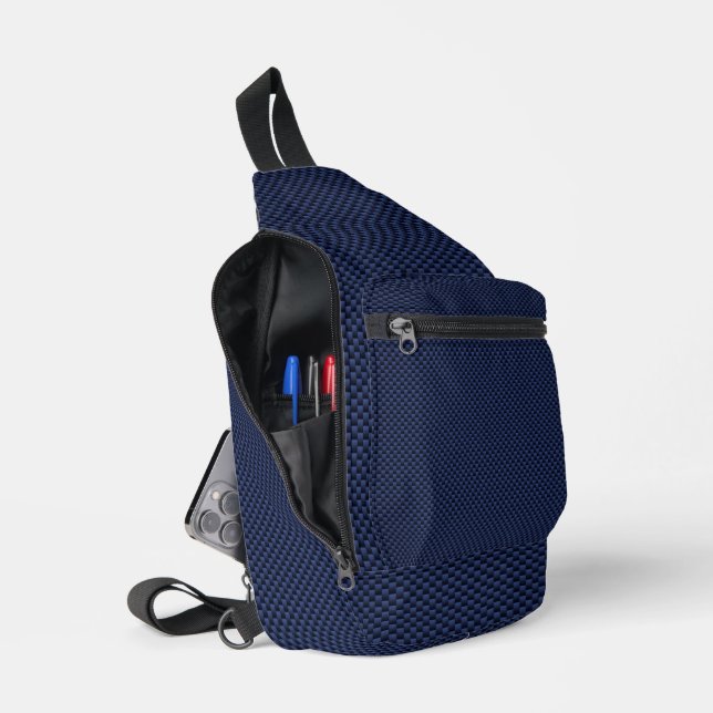 Navy Blue Automotive Carbon Fiber Weave Print Sling Bag (Open)