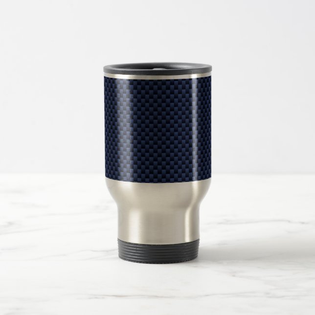 Navy Blue Automotive Carbon Fiber Weave Print Travel Mug (Center)