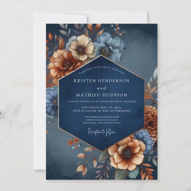 Navy Blue Autumn Floral Romance Wedding Invitation (Front)